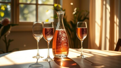 Sparkling Wine Glasses and Decanter on a Wooden Table with Sunlight Streaming Through a Window