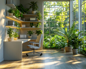 Sunlit home office with many plants and large window.