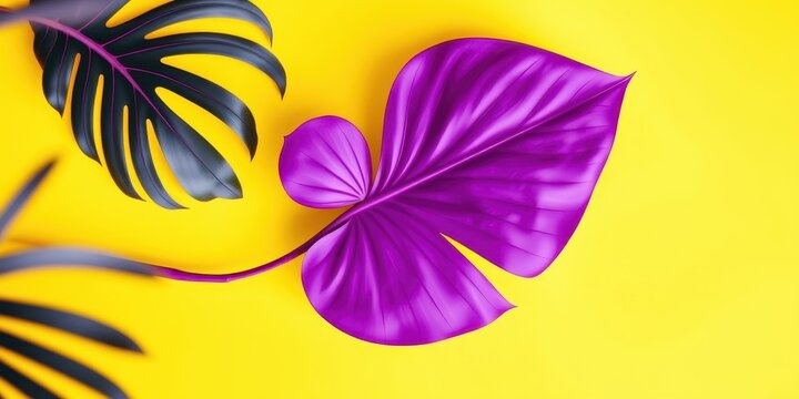 A vibrant purple tropical leaf on a bright yellow background, creating a striking contrast of color and texture.