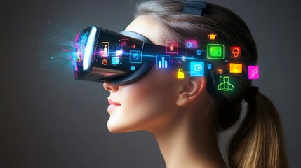 Virtual reality headset with colorful glowing app icons floating in digital space, showcasing modern VR technology and futuristic interface design against dark background