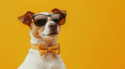 A stylish dog wearing sunglasses and bow tie posing on yellow background with copy space.