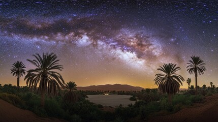 Stunning panoramic view of the Milky Way galaxy arching over a desert oasis landscape with silhouetted palm trees framing the scene, while distant mountains create a dramatic horizon at dusk.