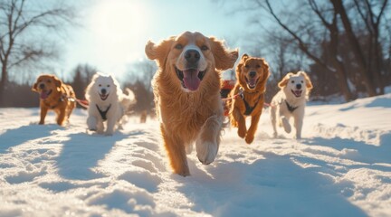 A sled dog with leads a team, captured mid-run in snowy environment.