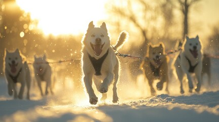 Naklejka premium Team of huskies pulling a sled in a snowy landscape with a musher guiding them.