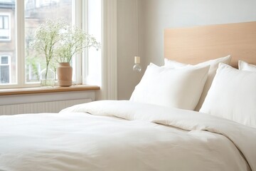 Cozy and Inviting Bedroom with White Bedding and Soft Pillows, Bright Natural Light, Minimalist Decor, Beautiful Indoor Plants by Window