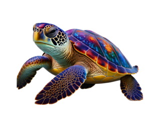 Colorful turtle swimming through vibrant coral reefs during daylight hours