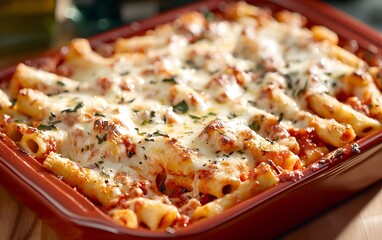 A dish of baked ziti with mozzarella and marinara sauce.