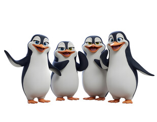 Four animated penguins stand together with joyful and friendly expressions.