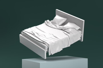 A bed is shown in a white color with a green background