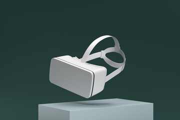 A white virtual reality headset is suspended in midair