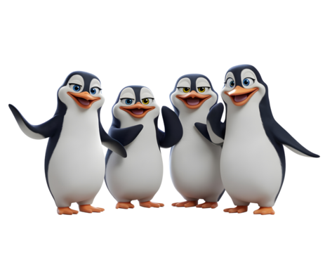 Four animated penguins stand together with joyful and friendly expressions.