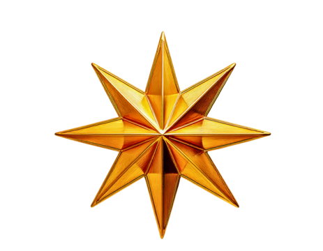 Golden star ornament with eight points against a transparent background