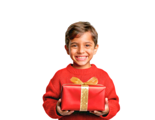 Smiling child in a red sweater holding a festive gift with golden ribbon
