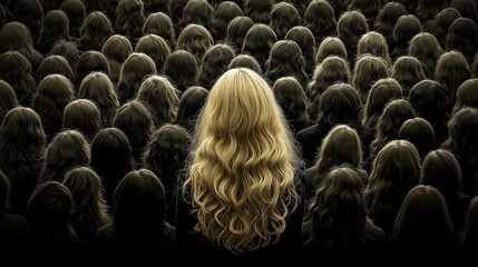 Obraz premium A unique perspective of a crowd, highlighting a single individual with long, wavy hair amidst a sea of similar figures.