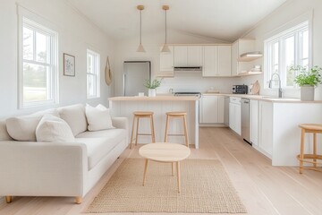 Fototapeta premium Modern Minimalist Kitchen Interior with Cozy Living Area and Bright Natural Light, Featuring White Cabinets, Wooden Accents, and Decorative Plants