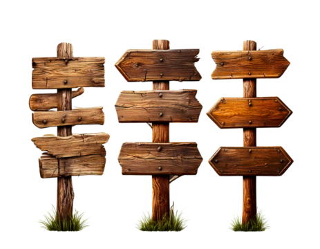 Wooden signposts in various orientations for directional guidance in outdoor settings