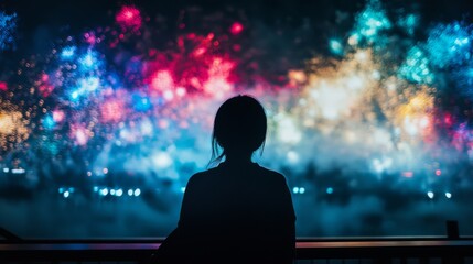 Fototapeta premium Silhouetted woman watching vibrant fireworks display.