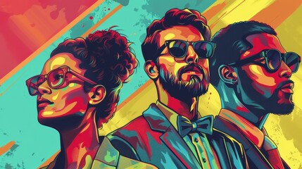 A vibrant, colorful illustration featuring three stylish individuals in sunglasses, showcasing modern fashion and confident expressions.