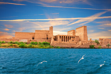 Philae Temple on Agilkia Island by the Nile, sunset view, Aswan, Egypt