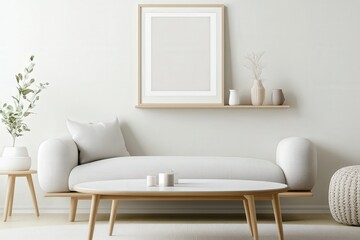 Modern minimalistic living room featuring a stylish light gray sofa, elegant decor, and serene color palette enhancing tranquility and comfort in interior design