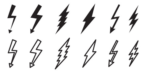 Lightning icon set. Line and glyph flash sign. Outline thunderbolt symbol.
