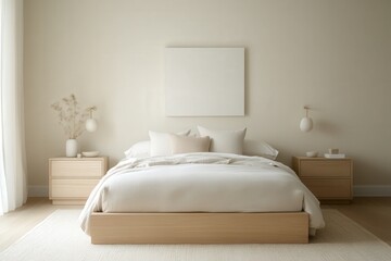 Cozy Scandinavian Bedroom with Minimalist Design, Soft Textures, and Neutral Color Palette Featuring a Large Bed and Elegant Decor