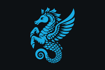 Sea horse. Hippocampus Mythical creature. Ancient vector illustration, emblem, logo, print. Blue on black