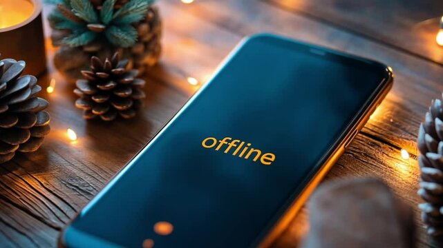 A smartphone displaying offline on a wooden table with pine cones and string lights.
