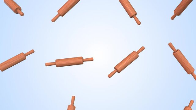 Wooden Rolling Pins Falling on a Light Background. Kitchen Utensils 3D Animation. 4K