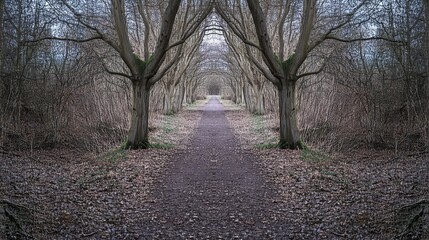 Obraz premium Symmetrical path through leaf-strewn woodland.