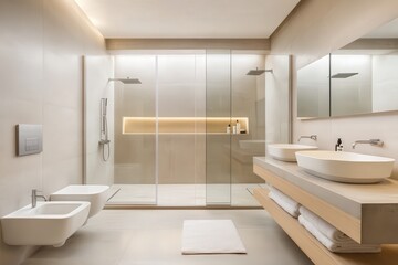 Modern minimalist bathroom design with elegant fixtures, spacious shower area, sleek cabinetry, and soft neutral tones inviting tranquility and relaxation