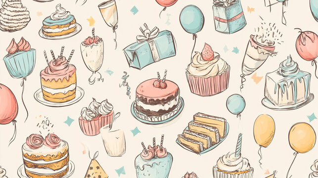 Colorful collection of desserts and party items in a whimsical design