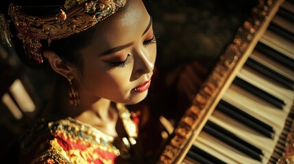 Woman in Traditional Asian Attire with Piano Keys in the Background