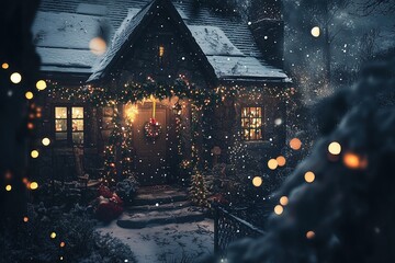 Outdoor porch decorated with Christmas lights and greenery.