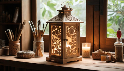 Artistic wooden lantern surrounded by crafting tools, creating a serene workspace near a window