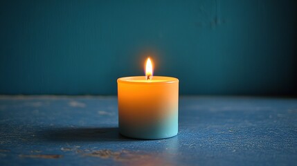 single candle flickering against blue wall its light casting soft shadows symbolizing blue monday