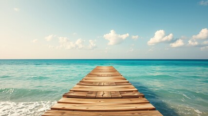 Fototapeta premium A wooden walkway extends towards the horizon, inviting the viewer to embark on a journey to the azure waters of a tropical sea, beneath a sky adorned with fluffy white clouds.