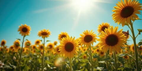 Obraz premium A field of sunflowers basking in the warm glow of the sun, their vibrant yellow petals reaching towards the sky, creating a breathtaking spectacle of nature's beauty.