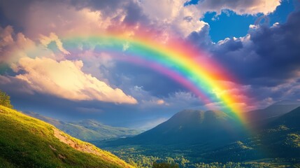 Obraz premium Vibrant rainbow arching over majestic mountain range after a summer storm.