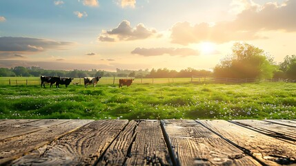 Obraz premium Pasture and Cows Behind Wooden Table for Display