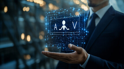 Floating hologram with geometric shape observed and held by the hand of a man in a suit.