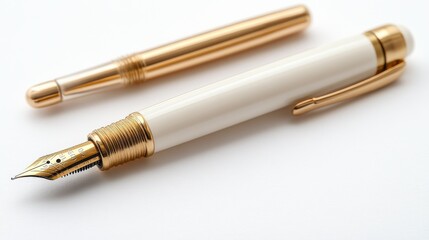 Naklejka premium Elegant Gold and White Fountain Pen with Cap, High-End Writing Instrument for Calligraphy and Luxury Desk Accessories, Ideal for Professional and Artistic Use