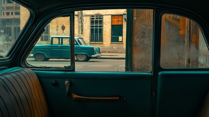 Fototapeta premium Vintage car interior view of a city street.