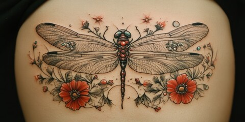 Exquisite dragonfly tattoo adorned with vibrant flowers and intricate details on a shoulder