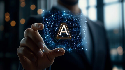Hologram image of a letter “A” floating in front of a businessman.