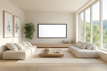 Bright and Airy Modern Living Room with Minimalist Design, Large Windows, Comfortable Furniture, and Natural Elements for a Relaxing Atmosphere