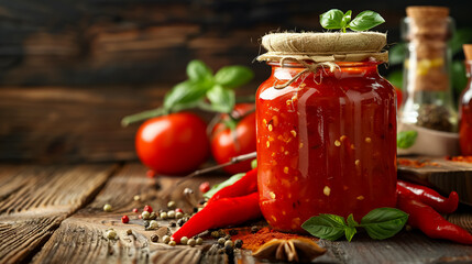 Red Chili and Tomato Sauce: Jar with red chili and tomato sauce, and spices on a wooden table, showcasing ingredients for flavorful cooking.