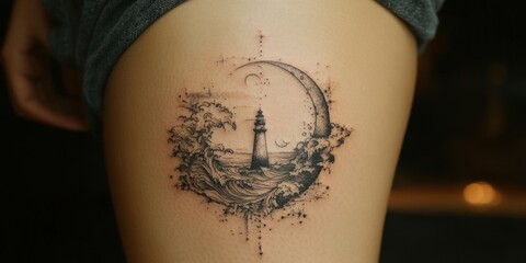 Intricate lighthouse tattoo illuminated by moonlight amidst swirling ocean waves