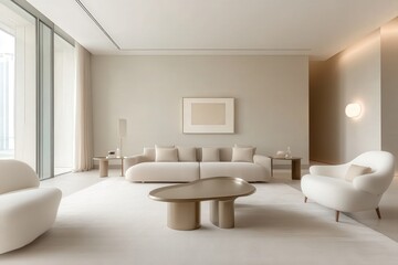 Contemporary Minimalist Living Room Design with Neutral Color Palette and Stylish Furniture Arrangement