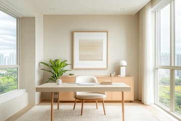 Modern Minimalist Home Office Design with Neutral Color Palette, Natural Light, Stylish Furniture, Indoor Plant, and Artistic Wall Decor